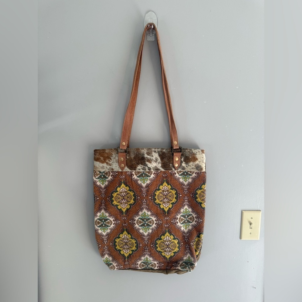 Olay Bags Large Double Leather Strap Cowhide Canvas Tote Weekender Bag Western